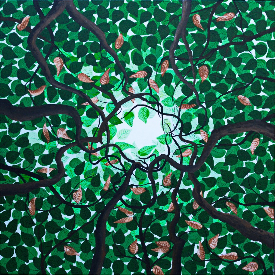 Groene bedstee - acryl op canvas - 90 x 90 cm
